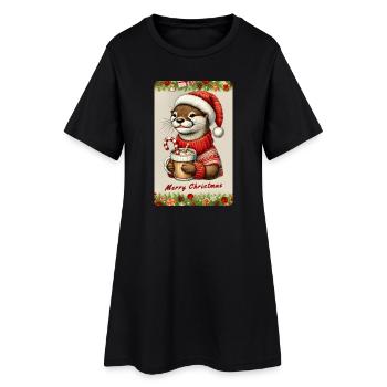 Weihnachts-Otter mit heißer Schokolade - Frauen T-Shirt-Kleid - Schwarz - Vorne
