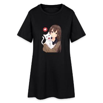 fille avec chat - Robe T-shirt Femme - noir - Devant