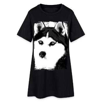 Schwarz-Weiß Husky Porträt auf Textil - Frauen T-Shirt-Kleid - Schwarz - Vorne
