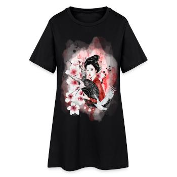 Geisha Sakura Japanese Motif Watercolor - Women’s T-Shirt Dress - black - Front