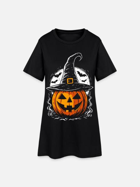 Gruseliger Kürbis mit Hexenhut & Vollmond - Frauen T-Shirt-Kleid - Schwarz