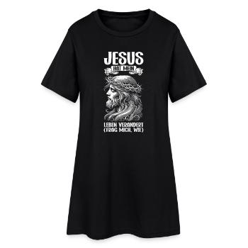 Jesus Hat Mein Leben Verandert Frag Mich Wie - Frauen T-Shirt-Kleid - Schwarz - Vorne