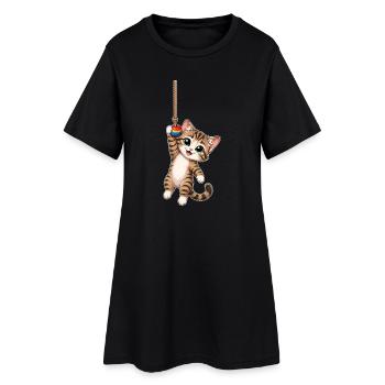 Katze hängt am Seil - Frauen T-Shirt-Kleid - Schwarz - Vorne