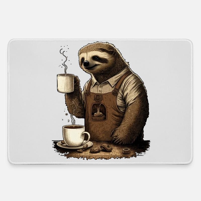 Sloth with apron and cups with fragrant coffee - Large Gaming Mouse Mat - grey