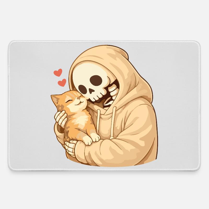 Cozy skeleton with cat – security - Large Gaming Mouse Mat - grey