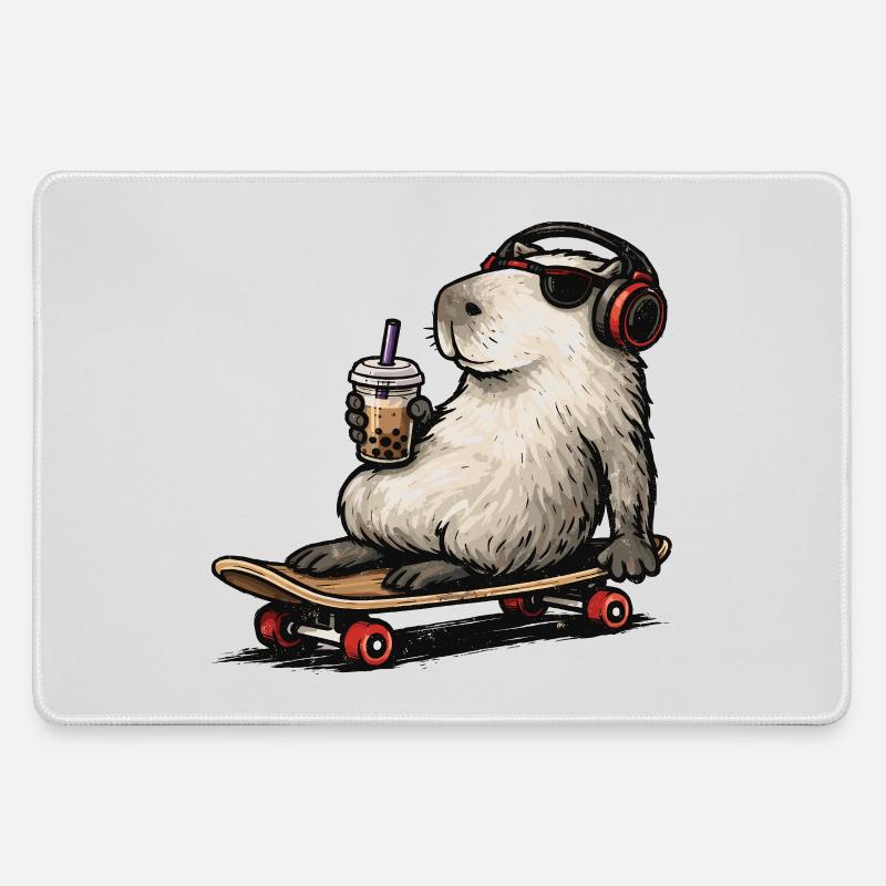 Capybara Skateboard Bubble Tea - Large Gaming Mouse Mat - grey