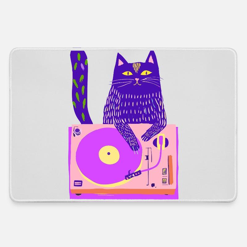 Neon Cat DJ on Pink Turntable - Large Gaming Mouse Mat - grey