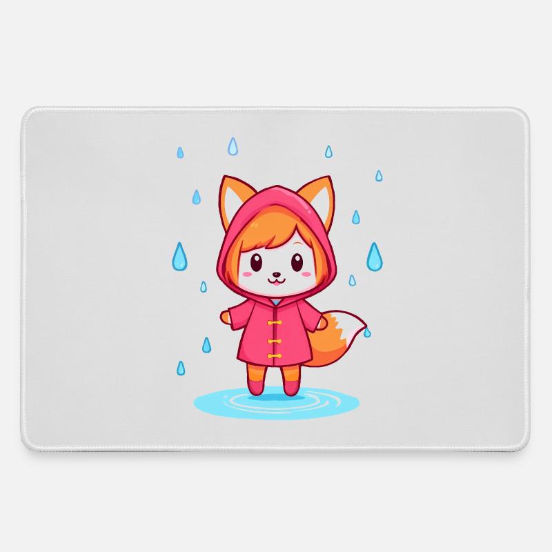 Little Chibi Fox in Raincoat - Large Gaming Mouse Mat - grey