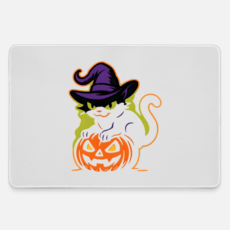 Wizard Cat and Luminous Pumpkin - Large Gaming Mouse Mat - grey