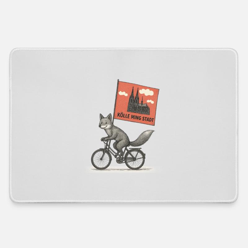 Cologne Fox on Bicycle - Large Gaming Mouse Mat - grey