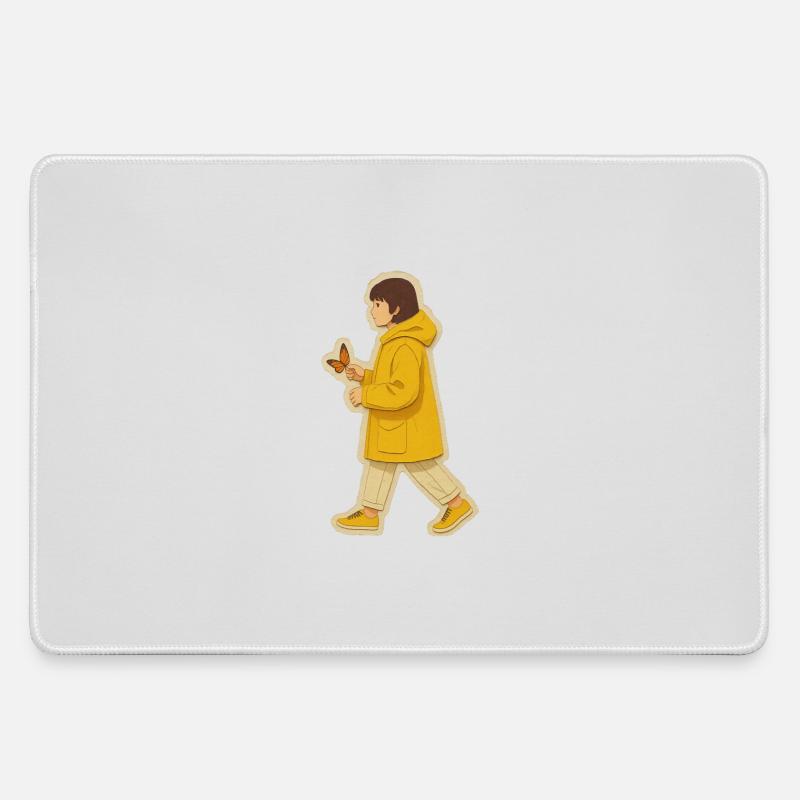 Boy in yellow jacket with butterfly - Large Gaming Mouse Mat - grey