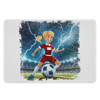 Fussballerin Comicfigur Stadion mit Blitzen - Mousepad groß für Gamer - Grau - Vorne