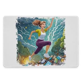Frau, die über viel Müll springt - Mousepad groß für Gamer - Grau - Vorne