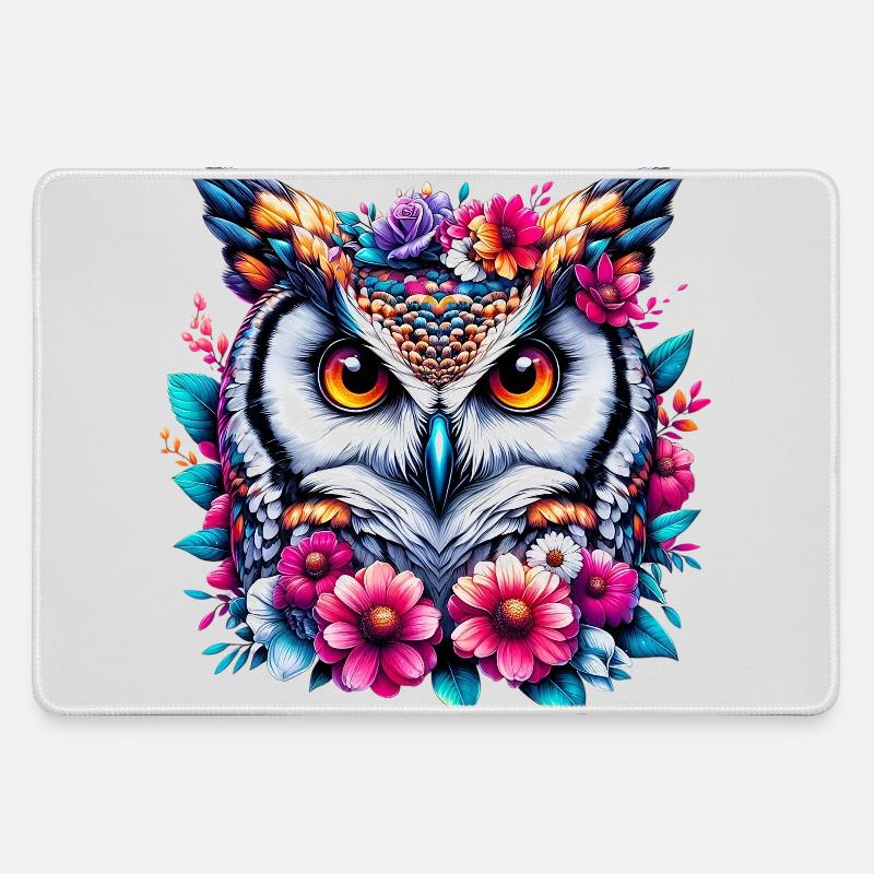 Owl decorated with flowers - Large Gaming Mouse Mat - grey