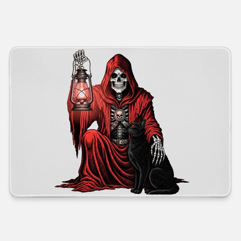 Red Hood Grim Reaper Lantern Cat - Large Gaming Mouse Mat - grey