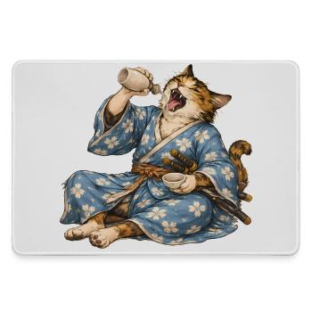 Saké de chat samouraï style ukiyo-e japonais - Grand tapis de souris gamer - bruyère - Devant