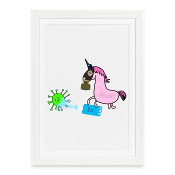 Masque Corona désinfection par le virus de la licorne - Affiche encadrée (27 × 37 cm) - blanc - Devant