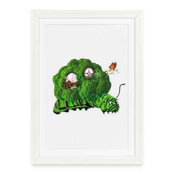 Chenille drôle avec arbre de porte de fenêtre de maison de chou - Affiche encadrée (27 × 37 cm) - blanc - Devant