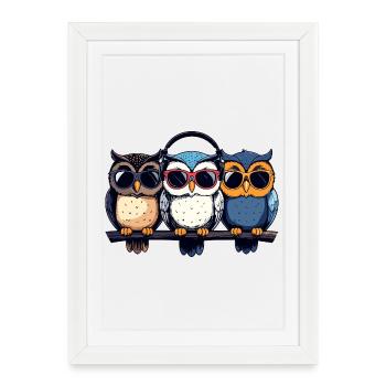 Drei coole Eulen Trio mit Sonnenbrille Kopfhörer - Gerahmtes Poster (27 × 37 cm) - Weiß - Vorne