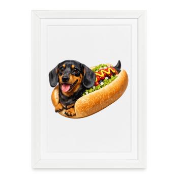 Teckel en hot-dog - Affiche encadrée (27 × 37 cm) - blanc - Devant