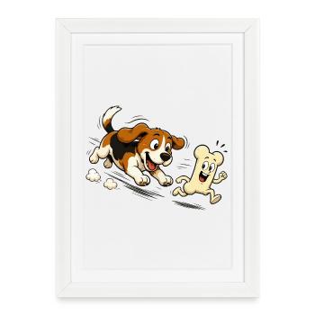 Motif de bande dessinée Running Bone qui poursuit le chien - Affiche encadrée (27 × 37 cm) - blanc - Devant