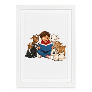 Un garçon lit une histoire à de petites chèvres - Affiche encadrée (27 × 37 cm) - blanc - Devant