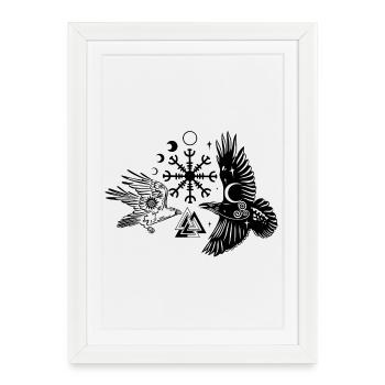 Hugin et Munin avec Vegvisir Valknut - Affiche encadrée (27 × 37 cm) - blanc - Devant
