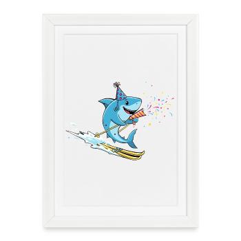 Ski nautique de requin de fête avec trompette et confettis - Affiche encadrée (27 × 37 cm) - blanc - Devant