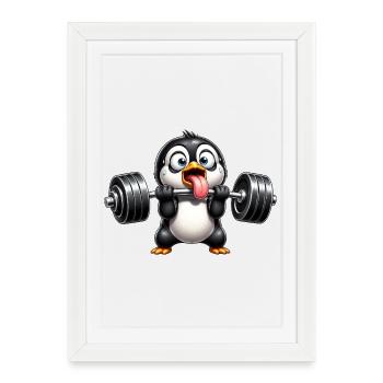 Dessin animé drôle de Radin de la salle de sport de haltérophilie Penguin - Affiche encadrée (27 × 37 cm) - blanc - Devant