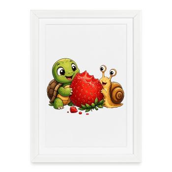 Little turtle friend and strawberry joy - Framed poster (27 × 37 cm) - white - Front