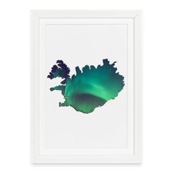 Islande Islande Aurores boréales Conception topographique - Affiche encadrée (27 × 37 cm) - blanc - Devant