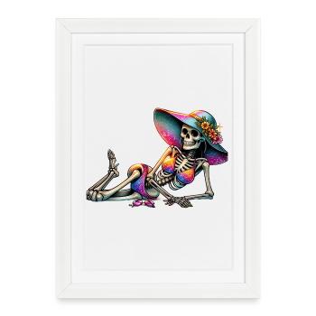 Squelette ensoleillé dans un chapeau floral - Affiche encadrée (27 × 37 cm) - blanc - Devant