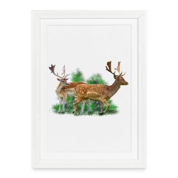 Cerfs dans le bruissement de la forêt - Affiche encadrée (27 × 37 cm) - blanc - Devant