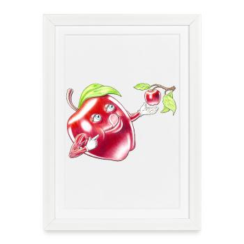 Personnage de dessin animé Drôle, Mangez une pomme rouge - Affiche encadrée (27 × 37 cm) - blanc - Devant