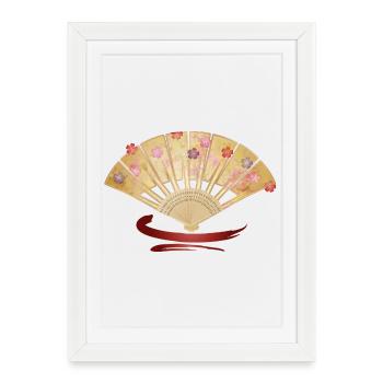 Éventail élégant avec des cerisiers en fleurs et un accent rouge - Affiche encadrée (27 × 37 cm) - blanc - Devant