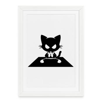 Chat noir en siège zen avec un regard en colère - Affiche encadrée (27 × 37 cm) - blanc - Devant