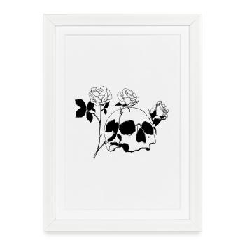 Crâne et os croisés avec des roses - Affiche encadrée (27 × 37 cm) - blanc - Devant