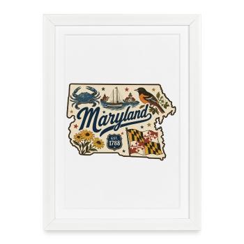 Étiquette vintage du drapeau d’État du Maryland et crabe - Affiche encadrée (27 × 37 cm) - blanc - Devant