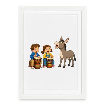 Children's drumming with donkey Cheerful musical motif - Framed poster (27 × 37 cm) - white - Front