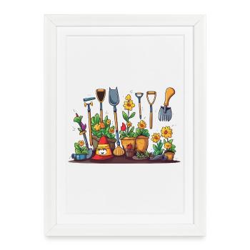 Scène des fleurs d’outils de jardin - Affiche encadrée (27 × 37 cm) - blanc - Devant