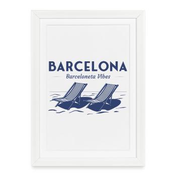 Barcelone Barceloneta Chaises de plage Ambiance estivale - Affiche encadrée (27 × 37 cm) - blanc - Devant