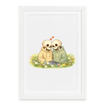 Couple squelettique chaleureux sur une prairie fleurie – Près - Affiche encadrée (27 × 37 cm) - blanc - Devant