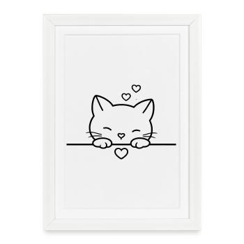 Cute Cat with Hearts | Sweet Love Line Art - Gerahmtes Poster (27 × 37 cm) - Weiß - Vorne