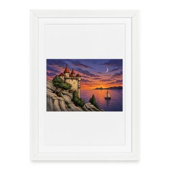 Moonlit Castle by Sunset Sea - Framed poster (27 × 37 cm) - white - Front