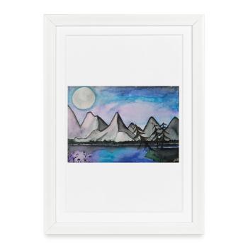 Nuit au clair de lune au bord du lac tranquille - Affiche encadrée (27 × 37 cm) - blanc - Devant