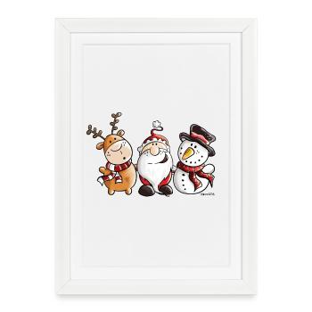 Père Noël, renne et bonhomme de neige - Affiche encadrée (27 × 37 cm) - blanc - Devant