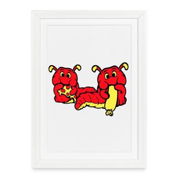 2 chenilles ver heureux manger pizza saucisse manger - Affiche encadrée (27 × 37 cm) - blanc - Devant