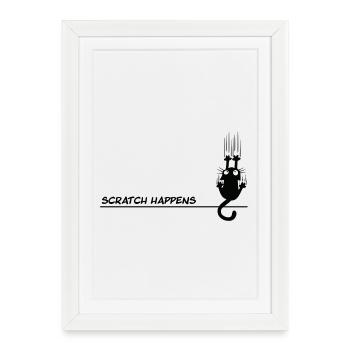 Scratch Happens - Jeu de mots amusant pour chat - Affiche encadrée (27 × 37 cm) - blanc - Devant