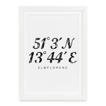 Dresden Koordinaten (Vintage/Schwarz) Elbflorenz - Gerahmtes Poster (27 × 37 cm) - Weiß - Vorne