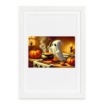 Ghost stands at the stove and cooks pumpkin soup - Framed poster (27 × 37 cm) - white - Front